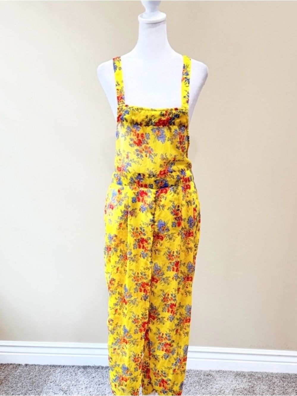 Kimchi Blue Sheer Floral Jumpsuit Yellow Overalls Cottagecore Size M